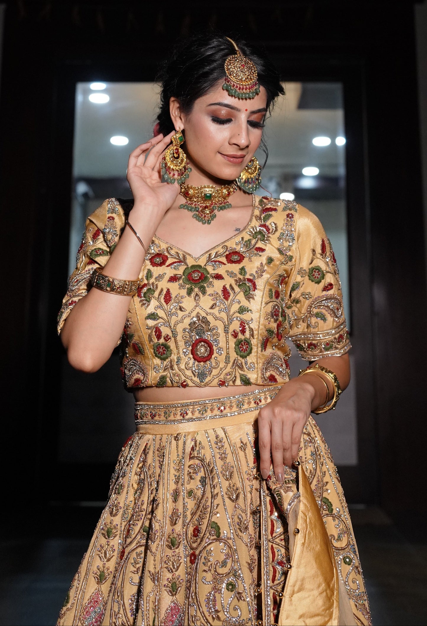 Nude and multicoloured Embroidered Lehnga