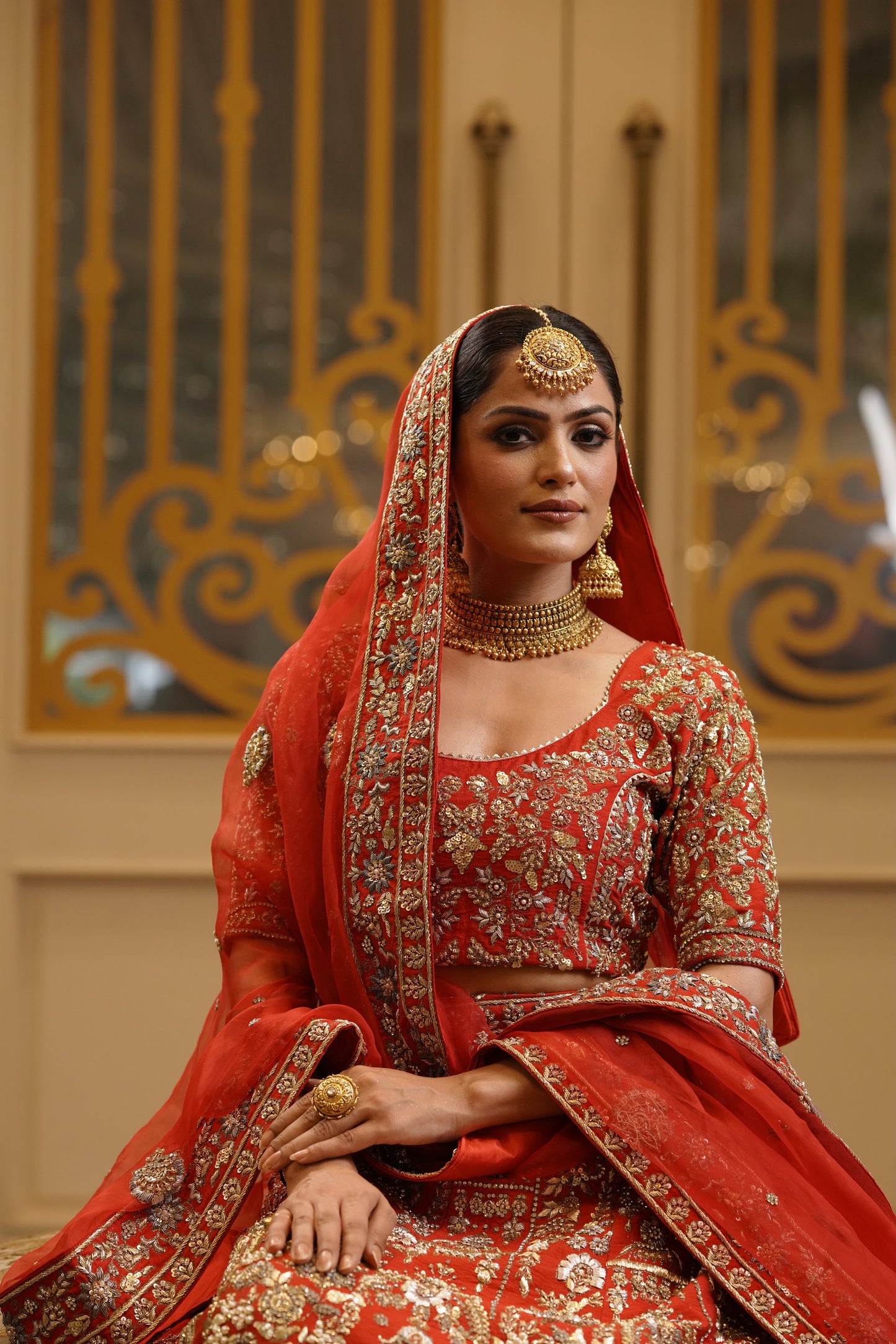 Gold Embroidered Red-Orange Lehenga