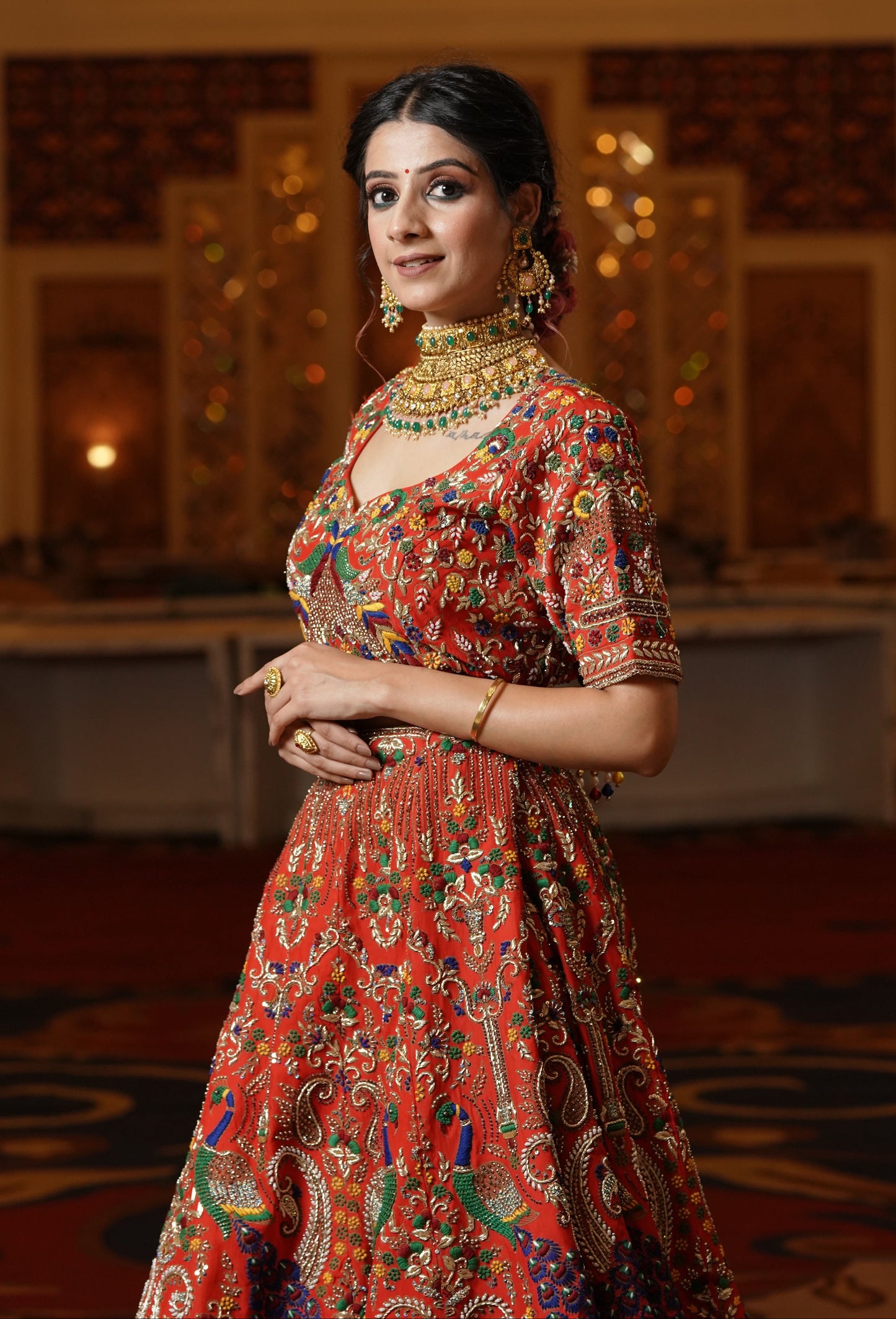 Red Lehenga with Multicolor Embroidery