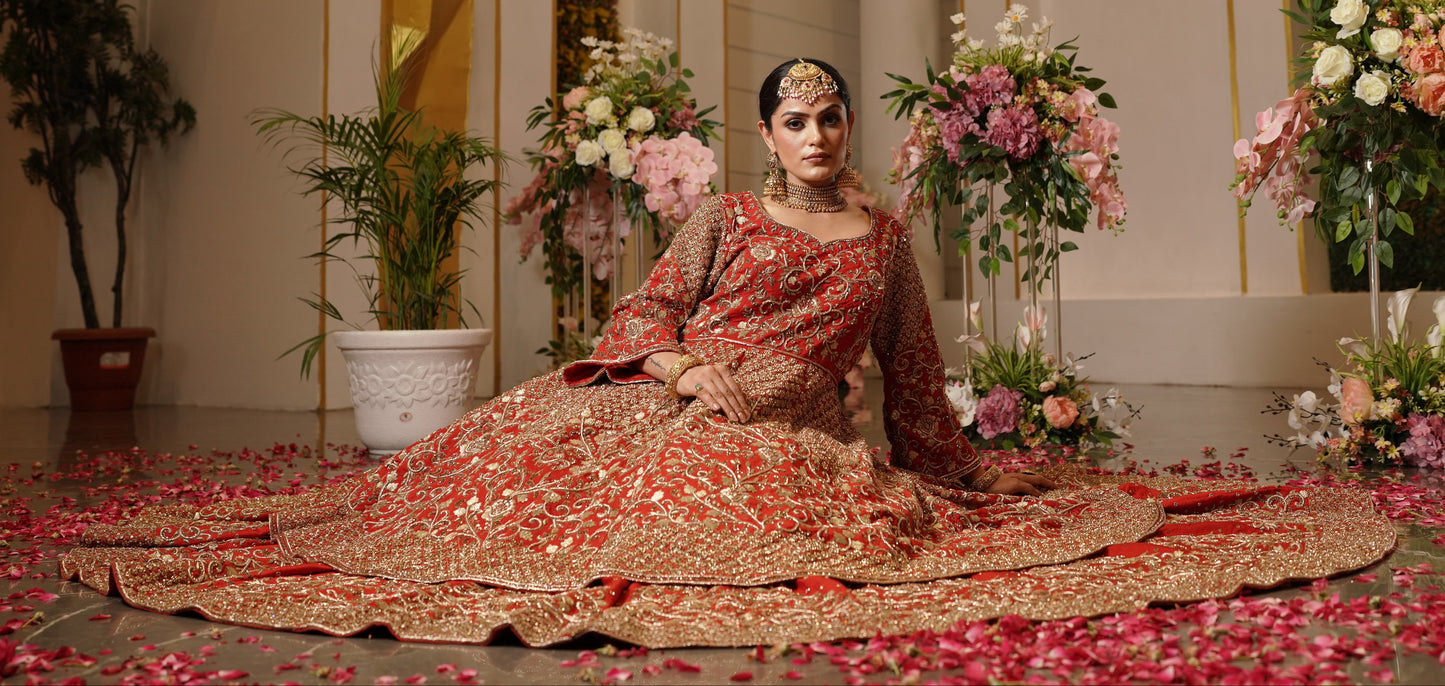 Royal Red Anarkali Style Gold Work Lehenga