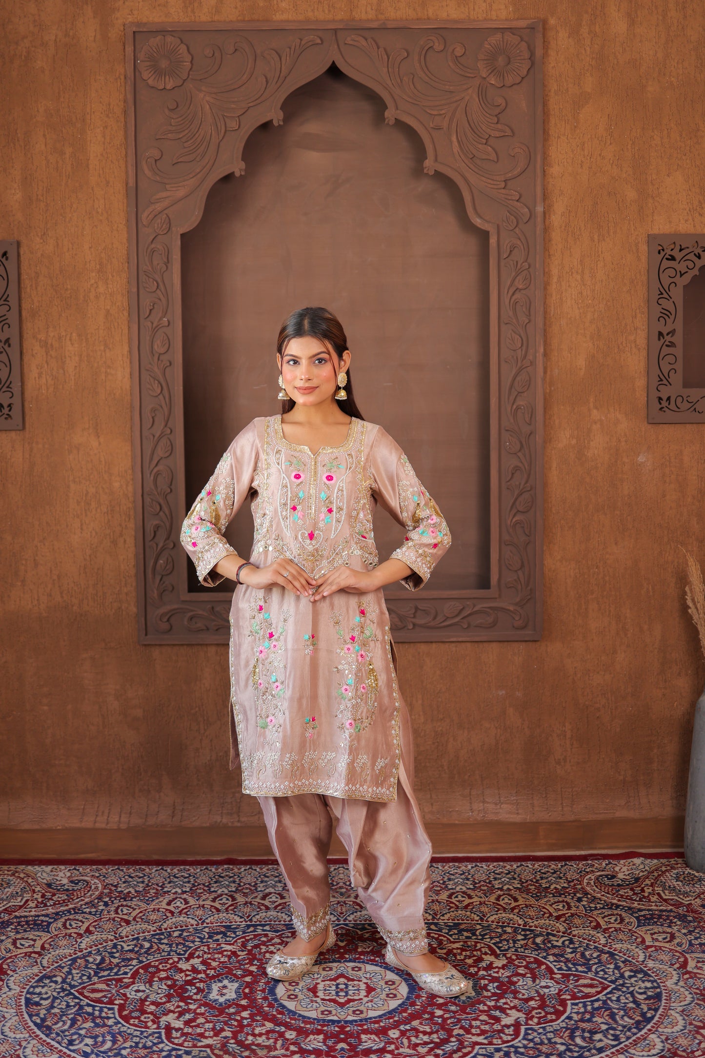 Peach Embroidered Churidar Set