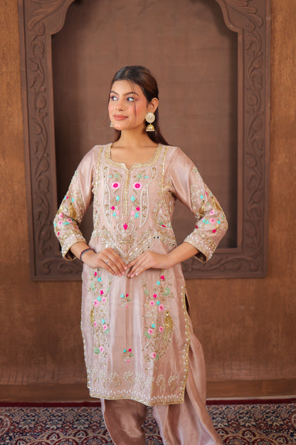 Peach Embroidered Churidar Set