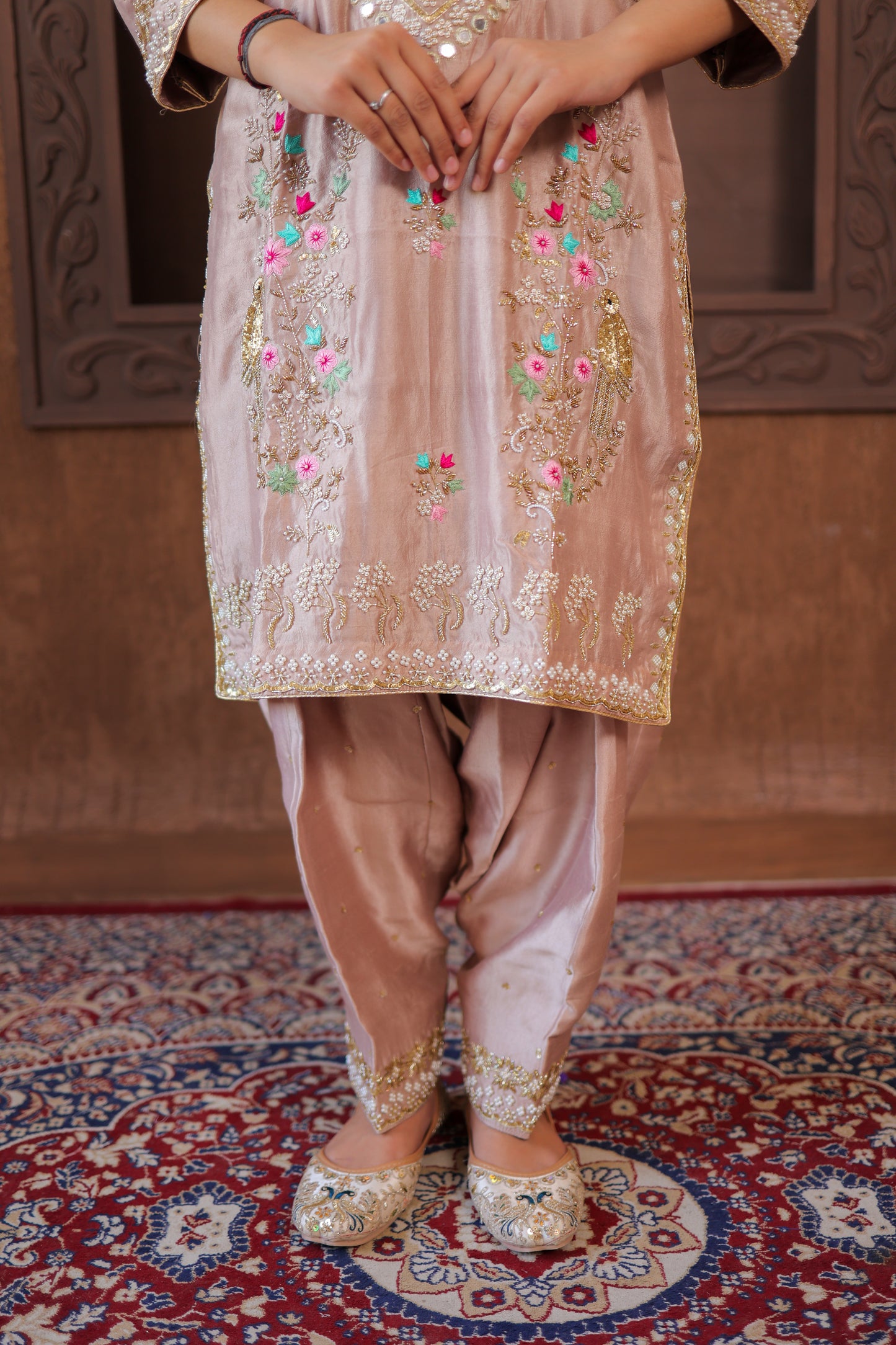 Peach Embroidered Churidar Set