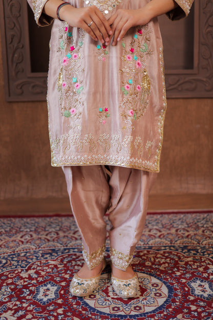 Peach Embroidered Churidar Set