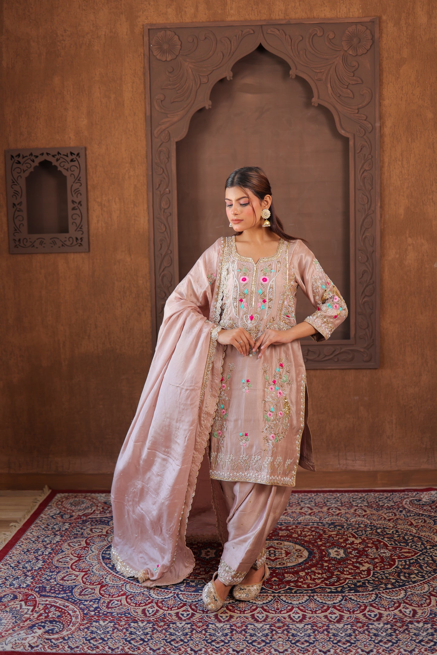 Peach Embroidered Churidar Set