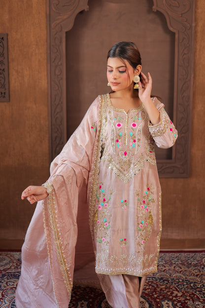 Peach Embroidered Churidar Set