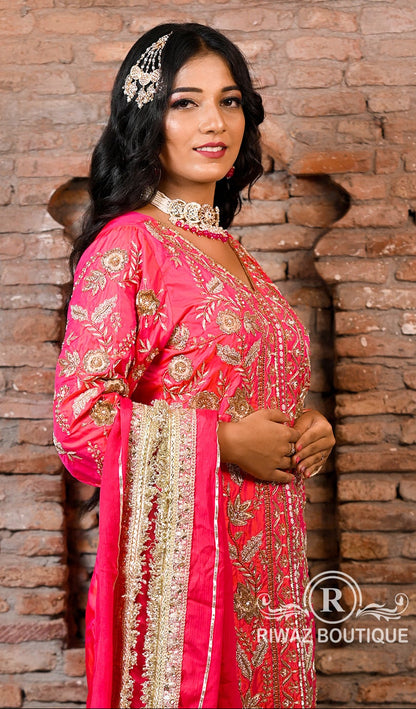 Gold Embroidered Coral Sharara Suit