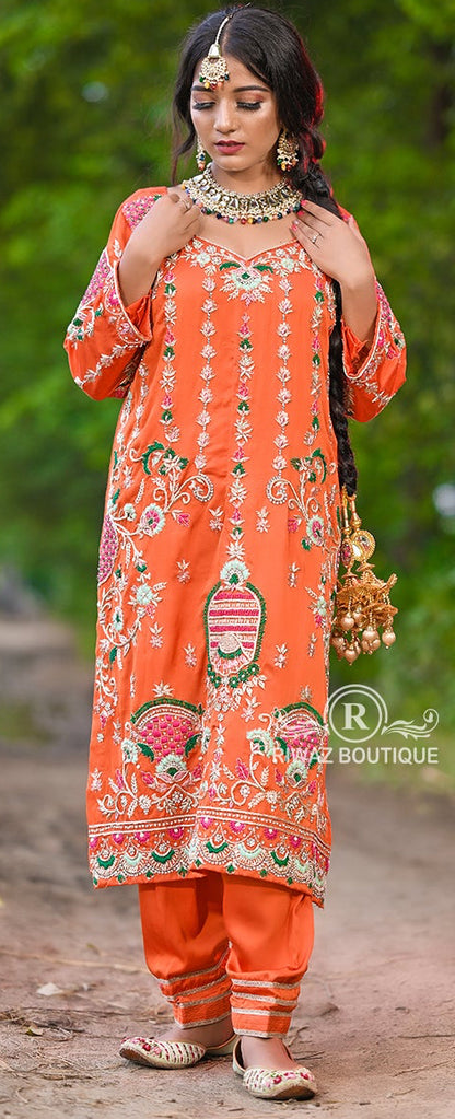 Multicolor Embroidered Orange Salwar Suit