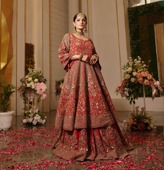 Royal Red Anarkali Style Gold Work Lehenga
