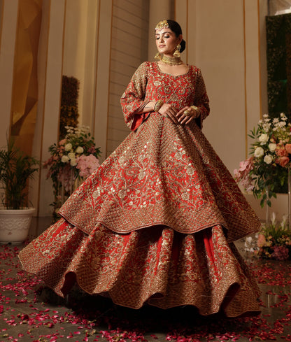 Royal Red Anarkali Style Gold Work Lehenga