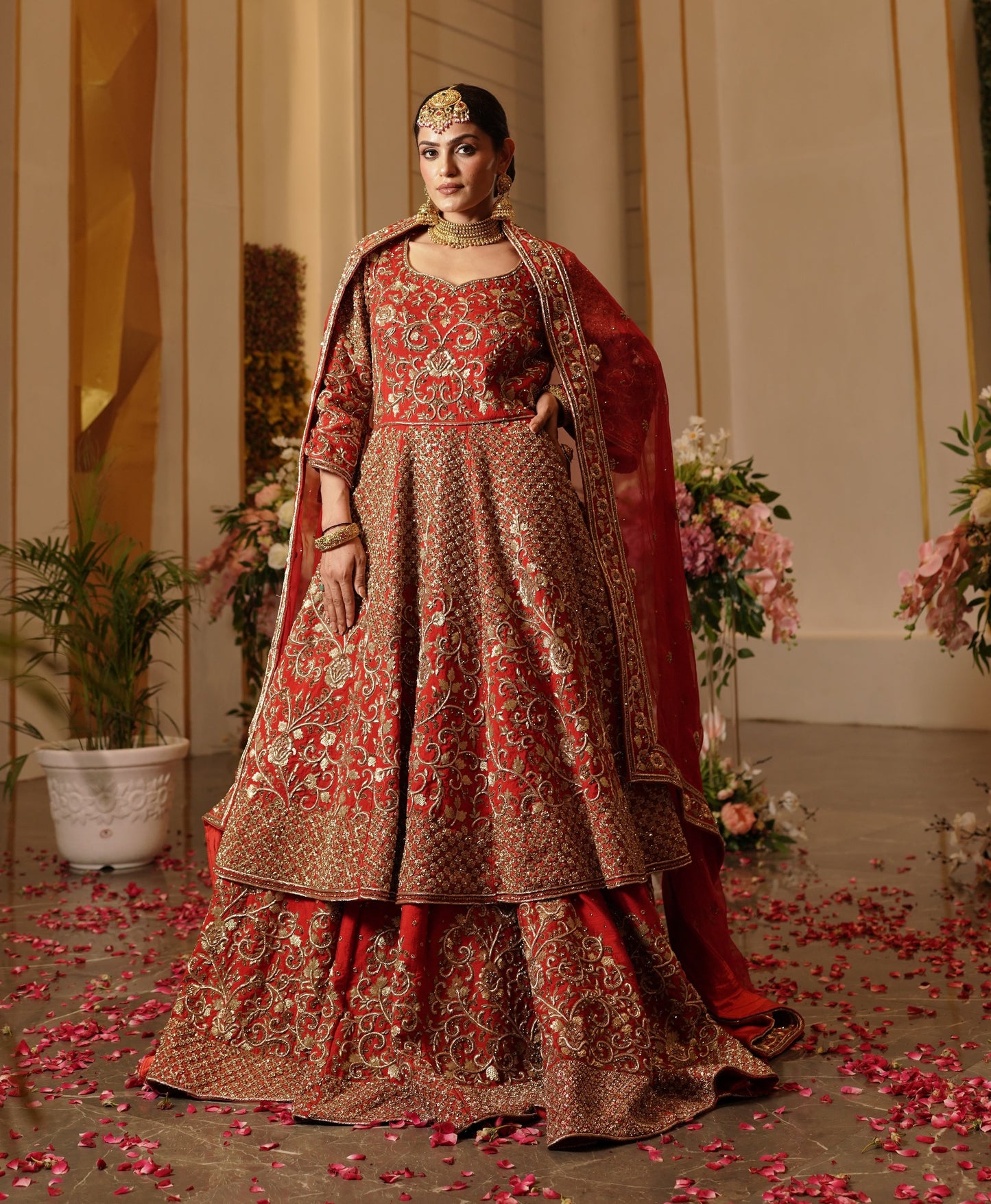 Royal Red Anarkali Style Gold Work Lehenga
