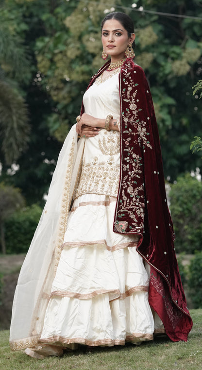 Cream White And Subtle Gold Embroidered Lehnga