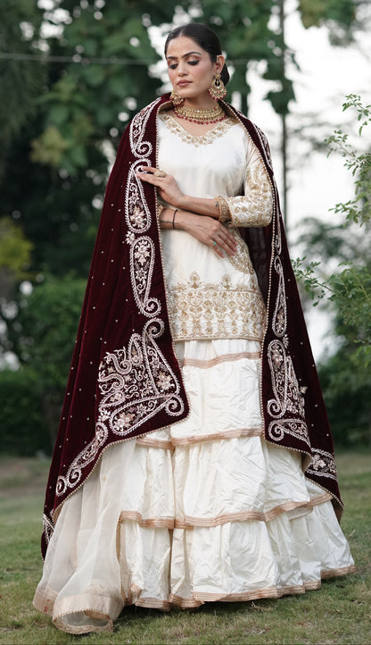Cream White And Subtle Gold Embroidered Lehnga