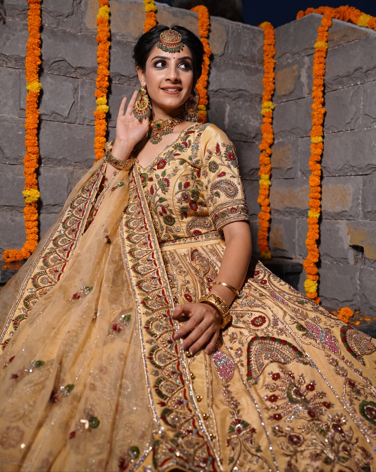 Nude and multicoloured Embroidered Lehnga