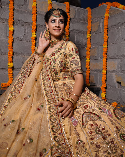 Nude and multicoloured Embroidered Lehnga