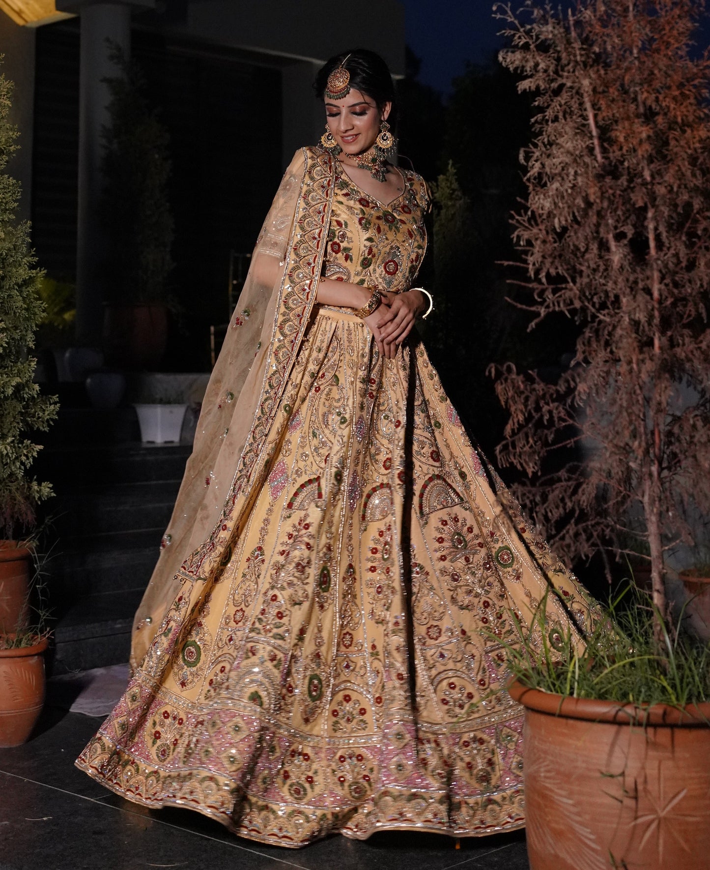 Nude and multicoloured Embroidered Lehnga