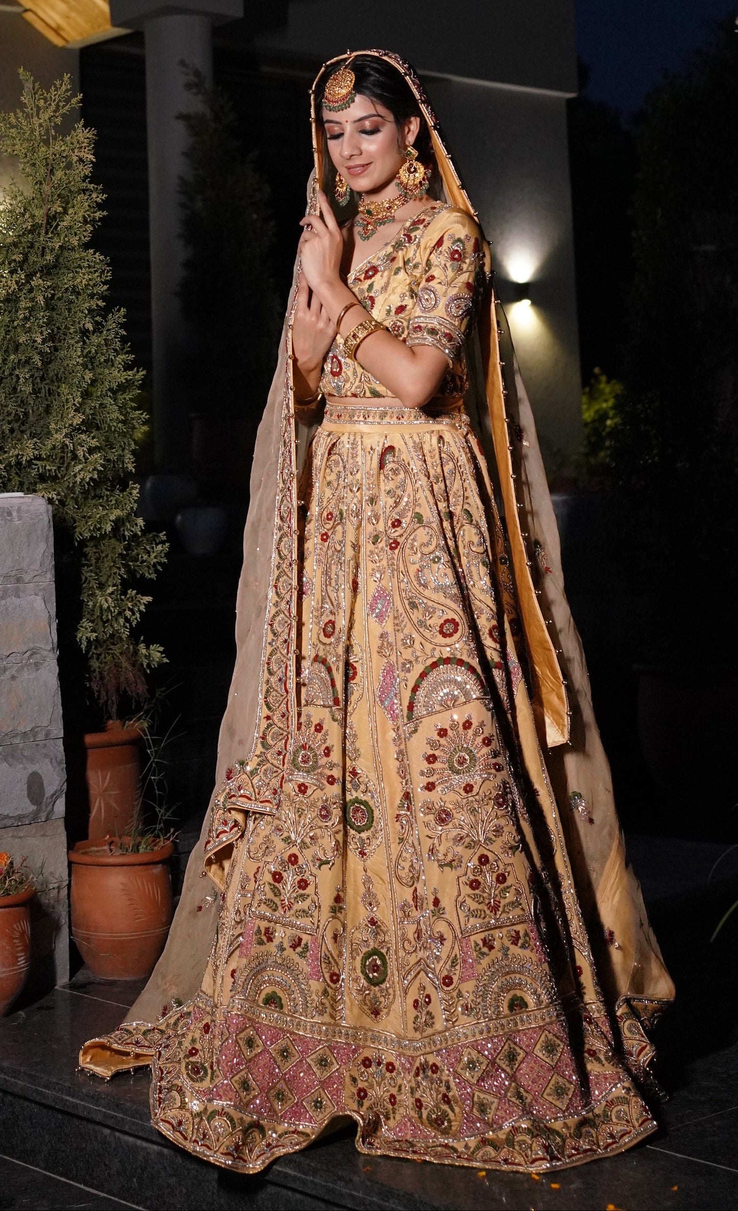 Nude and multicoloured Embroidered Lehnga