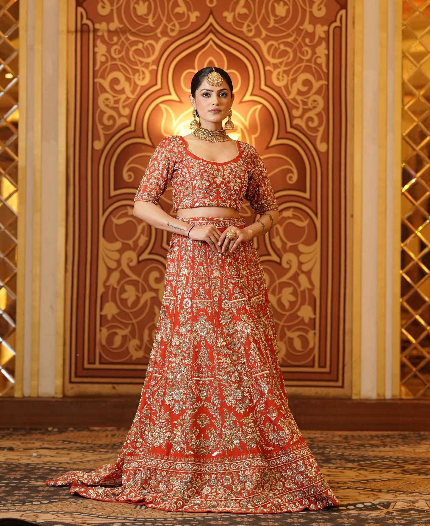Gold Embroidered Red-Orange Lehenga