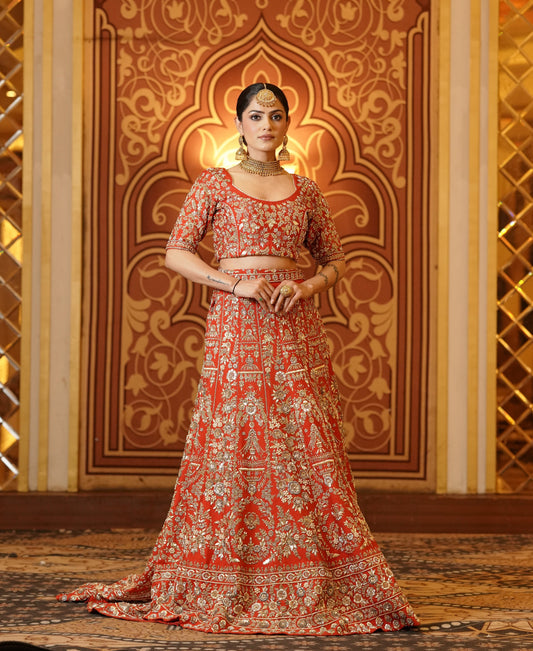 Gold Embroidered Red-Orange Lehenga
