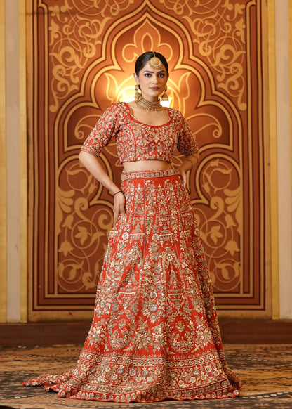 Gold Embroidered Red-Orange Lehenga