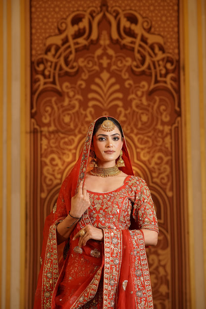 Gold Embroidered Red-Orange Lehenga