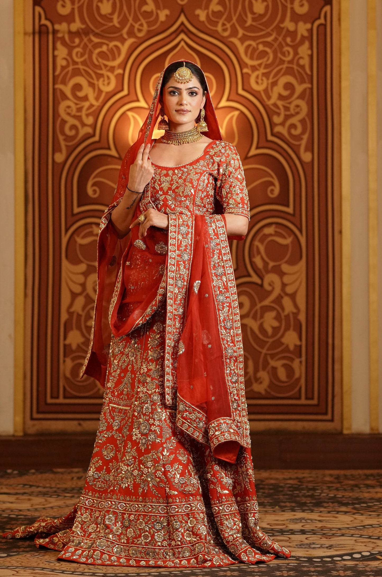 Gold Embroidered Red-Orange Lehenga