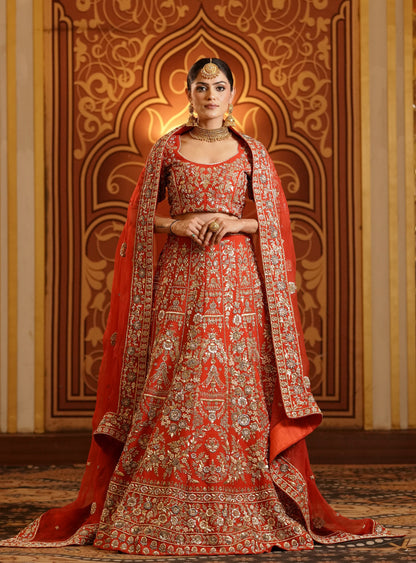 Gold Embroidered Red-Orange Lehenga