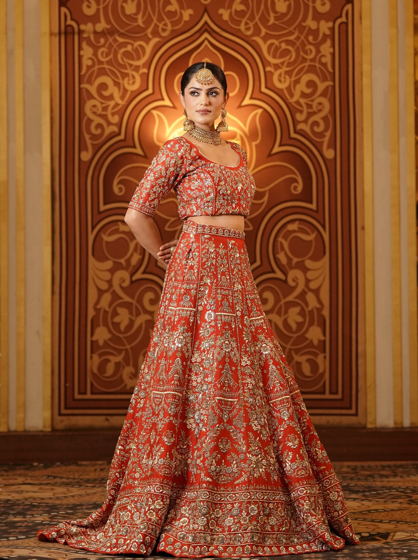 Gold Embroidered Red-Orange Lehenga