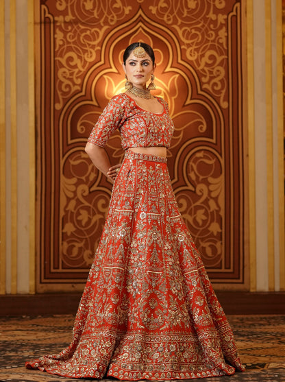 Gold Embroidered Red-Orange Lehenga