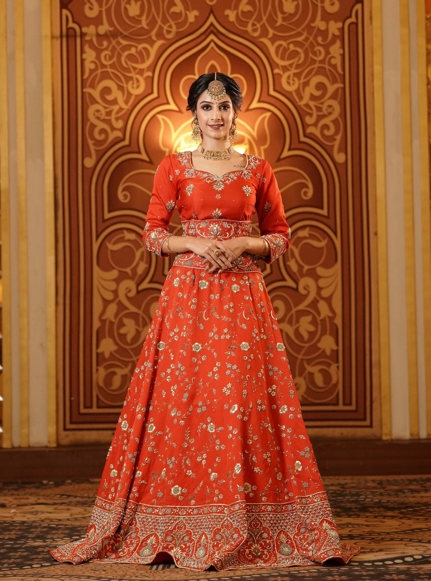 Orange Base Golden Embroidered Lehenga