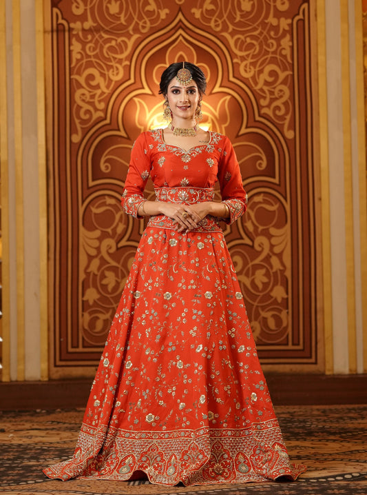 Orange Base Golden Embroidered Lehenga