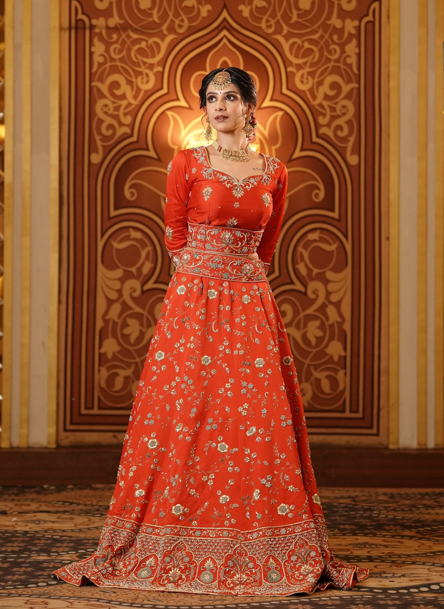 Orange Base Golden Embroidered Lehenga