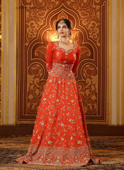 Orange Base Golden Embroidered Lehenga