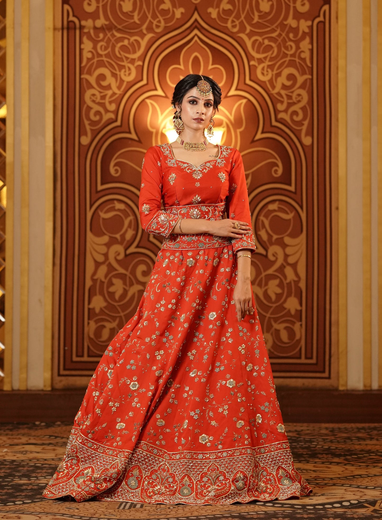 Orange Base Golden Embroidered Lehenga