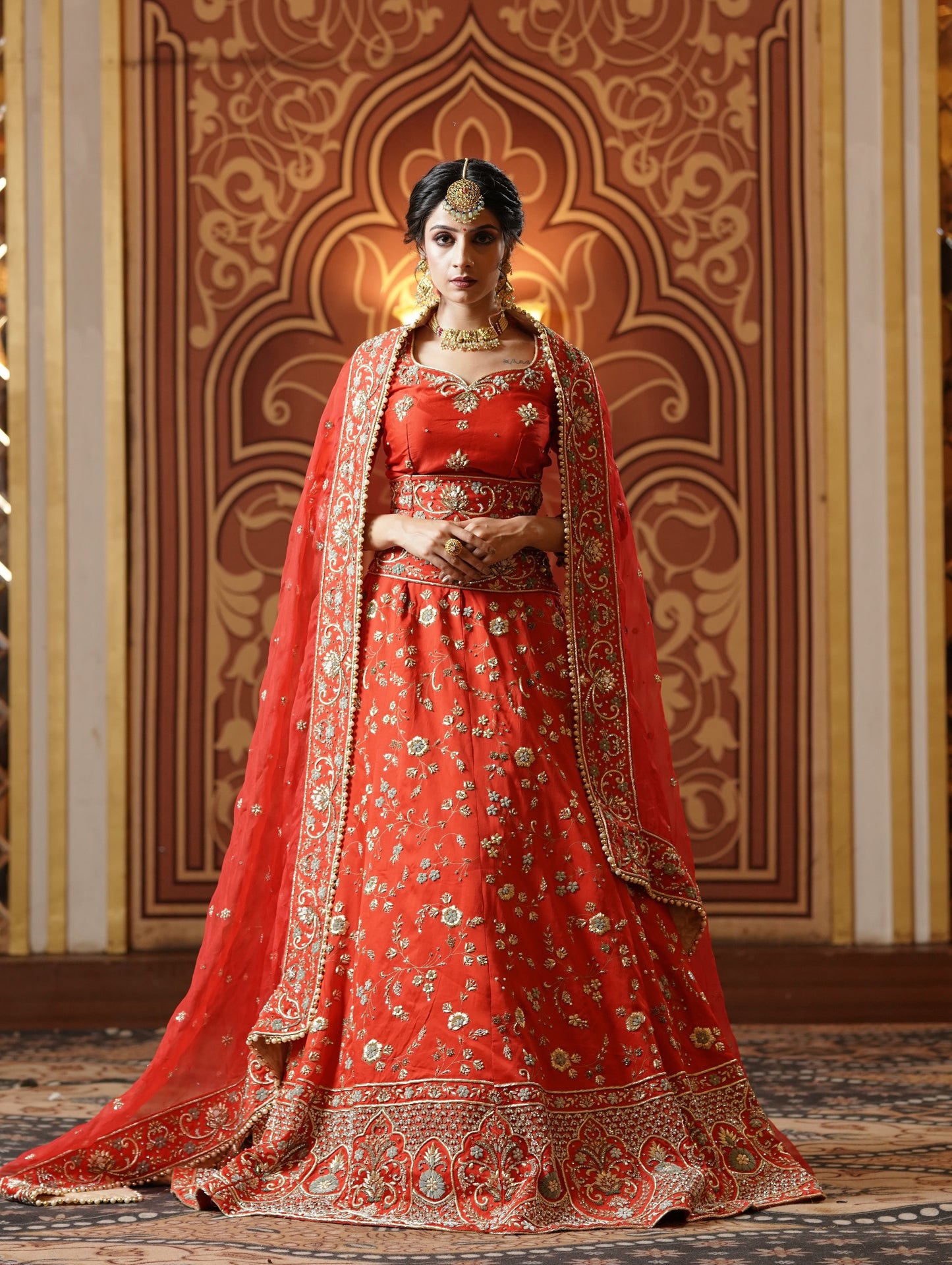 Orange Base Golden Embroidered Lehenga