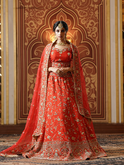 Orange Base Golden Embroidered Lehenga