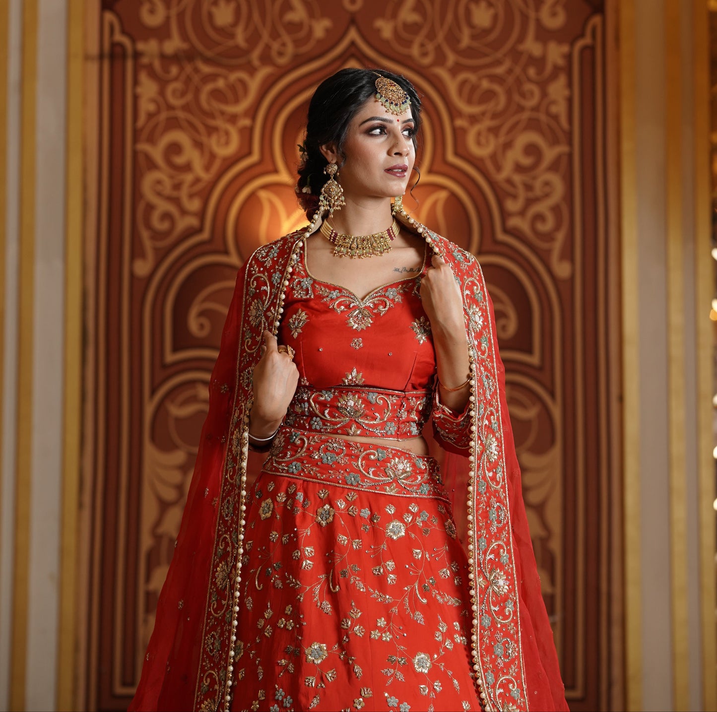 Orange Base Golden Embroidered Lehenga