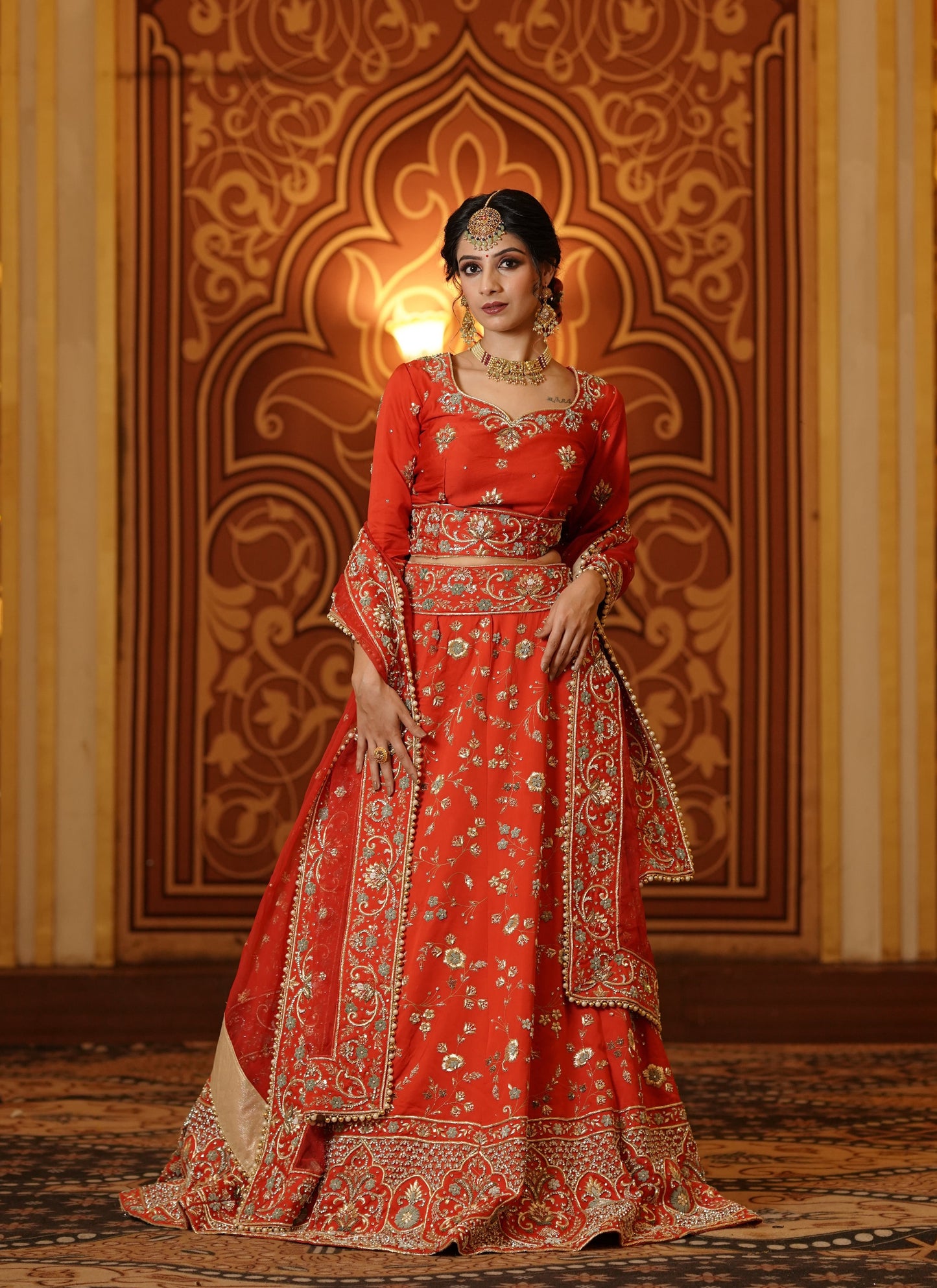 Orange Base Golden Embroidered Lehenga