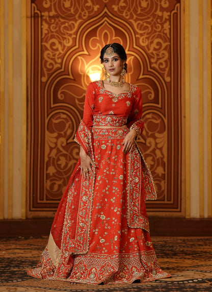 Orange Base Golden Embroidered Lehenga