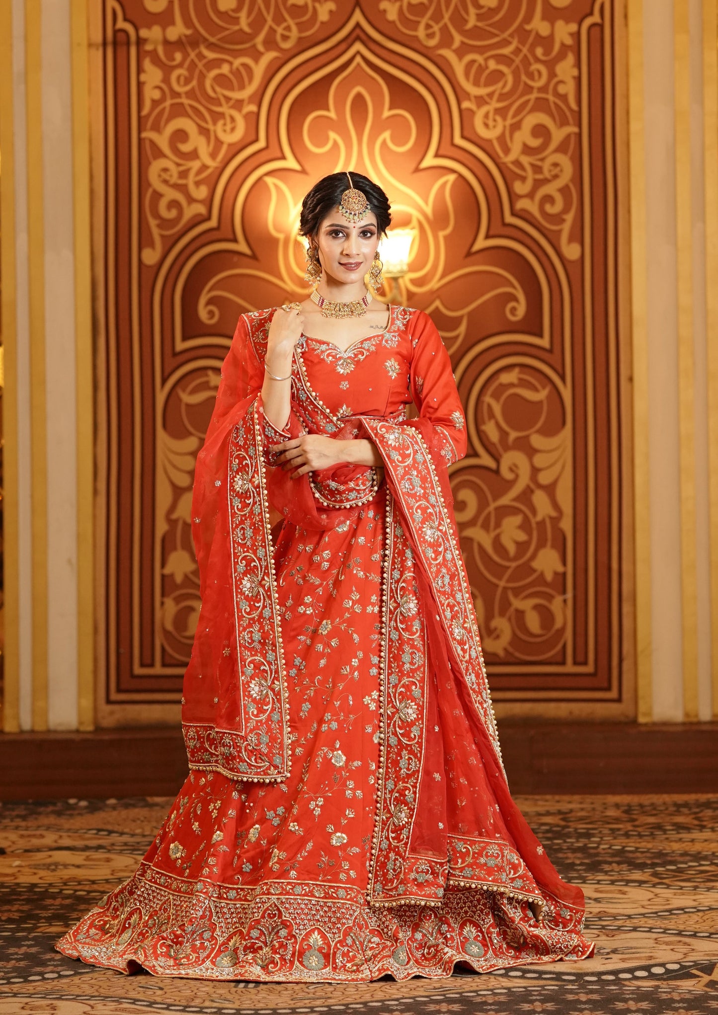 Orange Base Golden Embroidered Lehenga