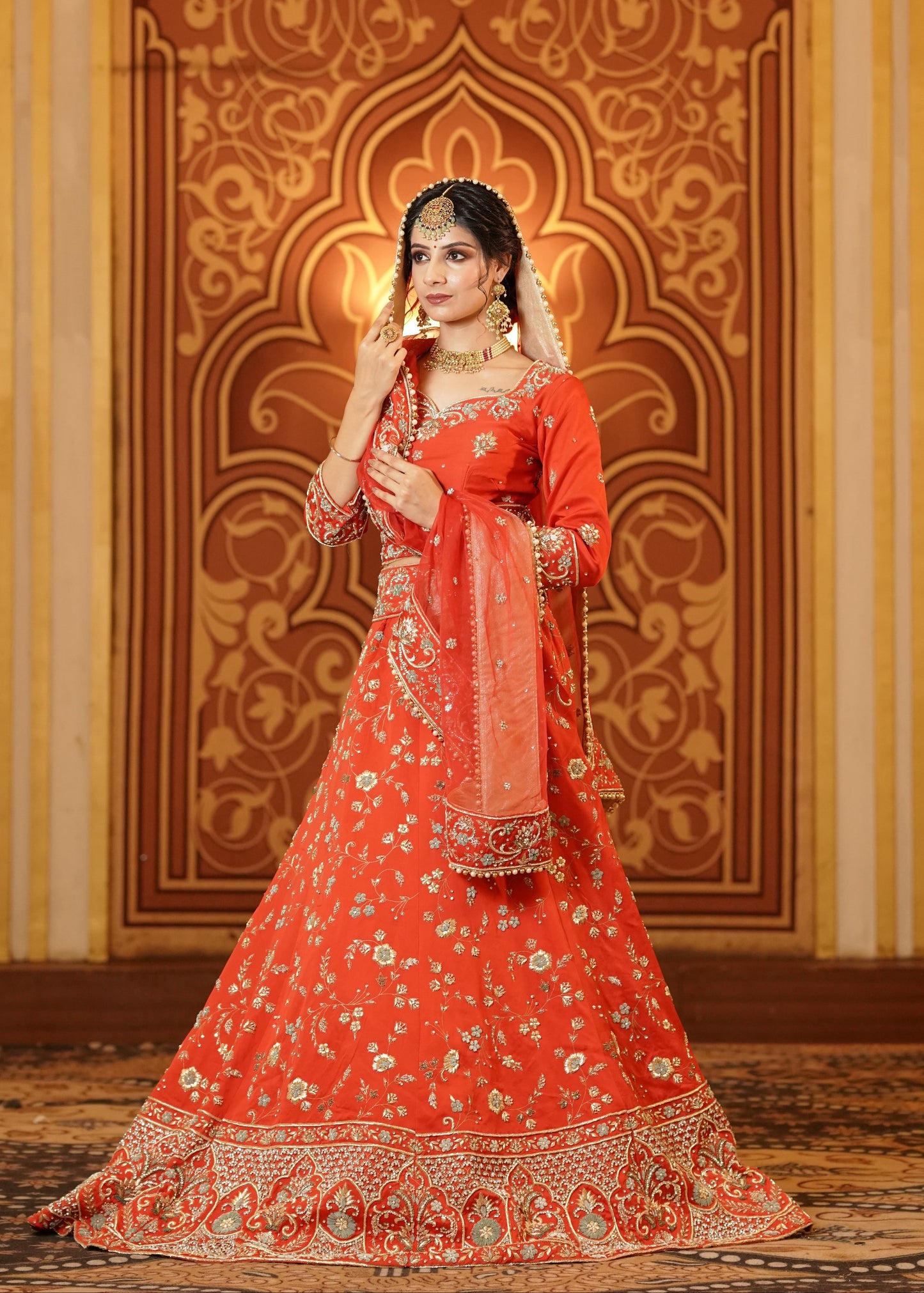 Orange Base Golden Embroidered Lehenga