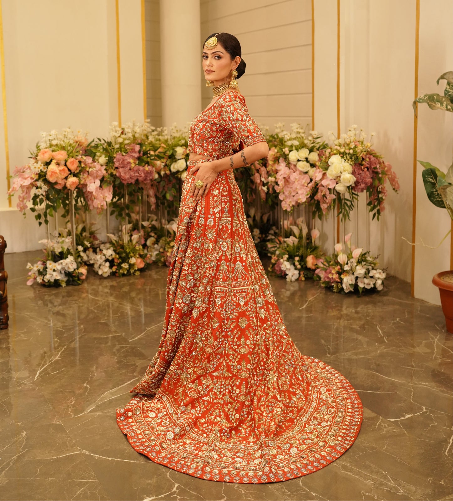 Gold Embroidered Red-Orange Lehenga