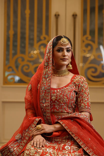 Gold Embroidered Red-Orange Lehenga