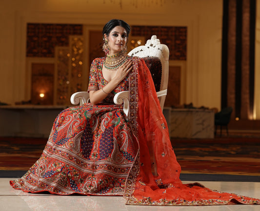 Red Lehenga with Multicolor Embroidery