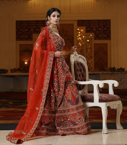 Red Lehenga with Multicolor Embroidery