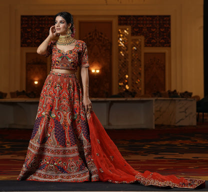 Red Lehenga with Multicolor Embroidery