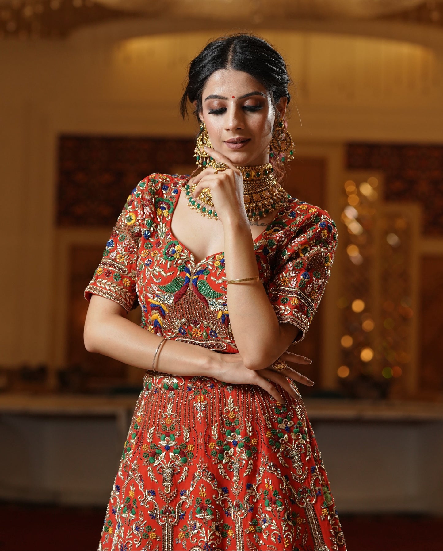 Red Lehenga with Multicolor Embroidery