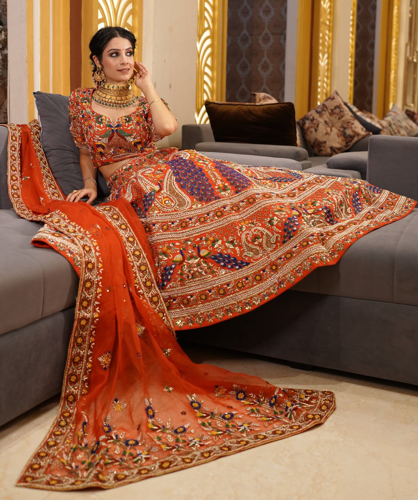 Red Lehenga with Multicolor Embroidery