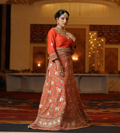Sunset Orange Lehenga with Heavy Gold Work