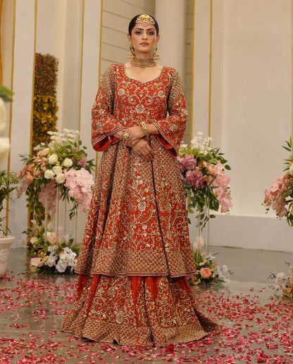 Royal Red Anarkali Style Gold Work Lehenga